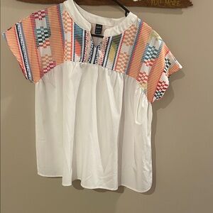 White Blouse with Multicolor Patterned Sleeves